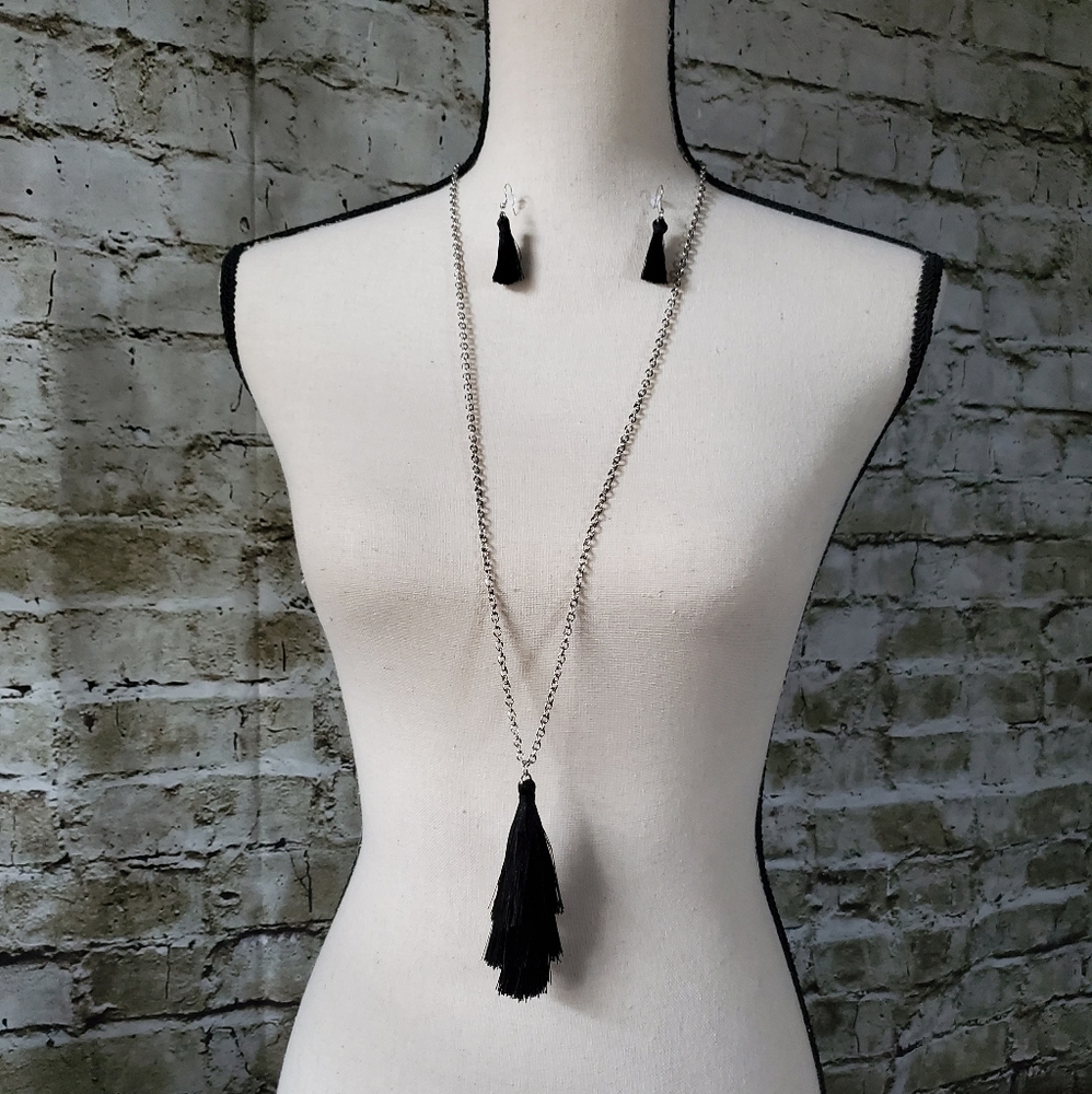 Silver w/ fringe necklace and earrings